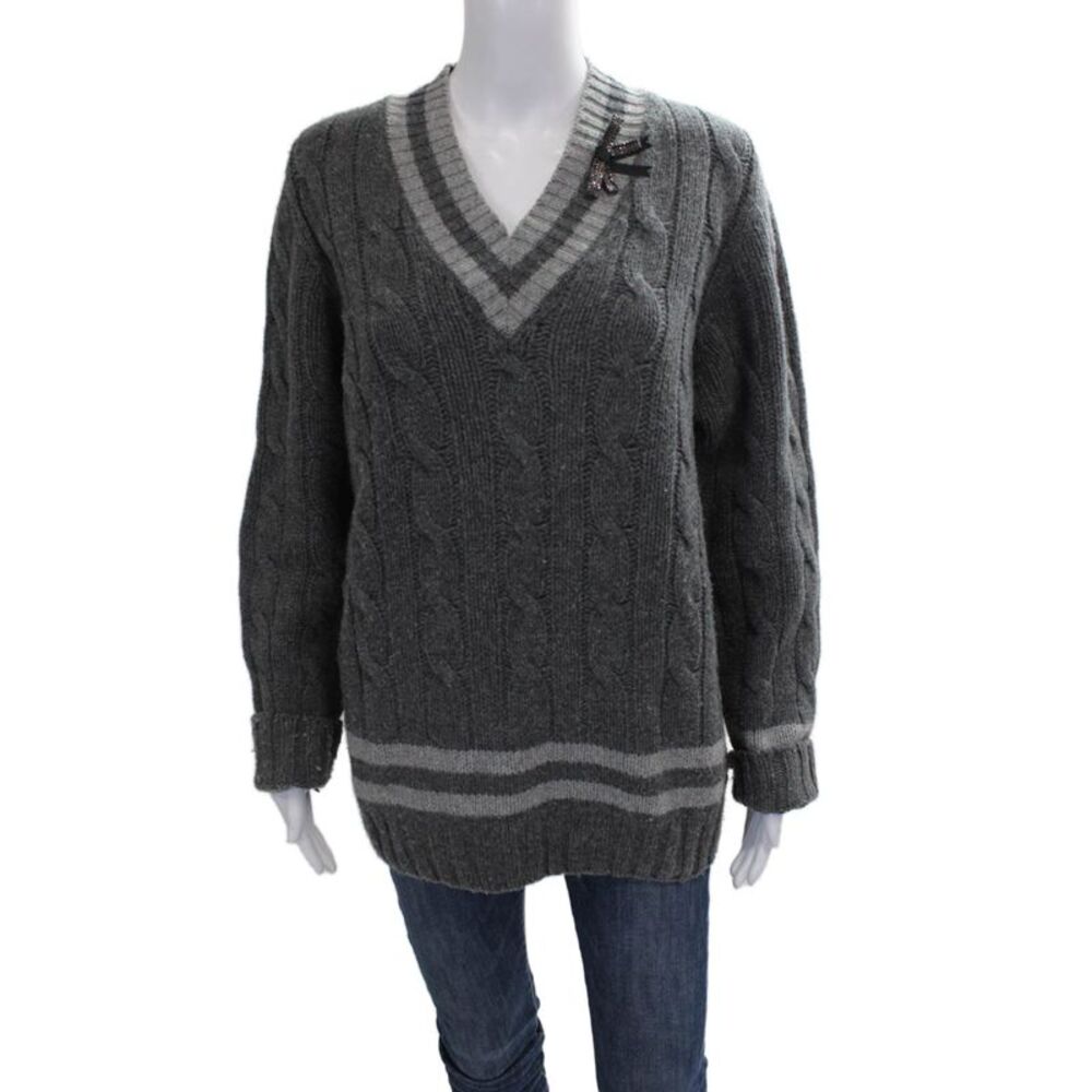 Erdem Women Striped Lambswool V-Neck Pullover Sweater Gray Long Sleeve Size L